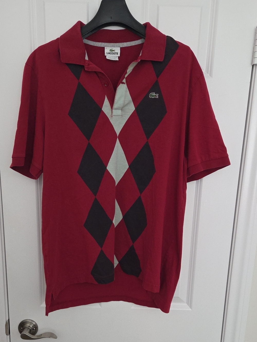 Lacoste Red Argyle-Front Polo with Black and Light Gray Diamonds
